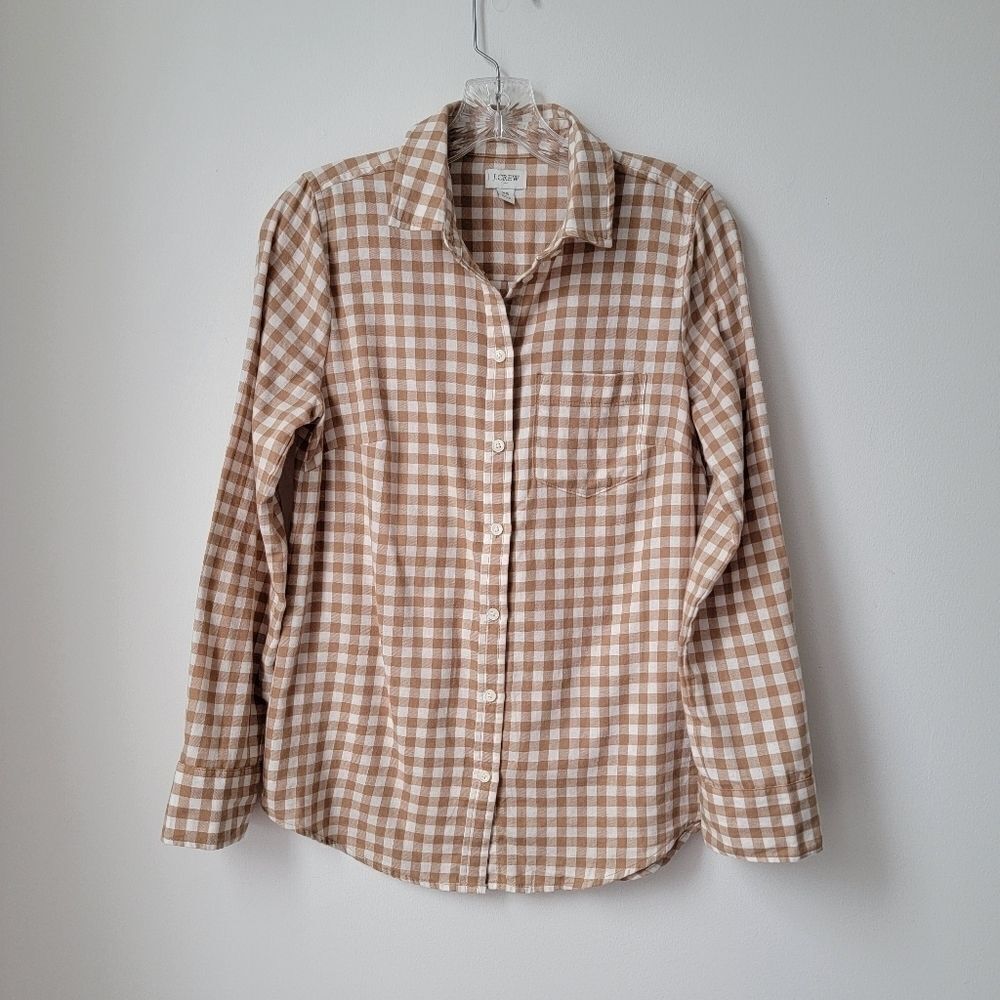 J. CREW Gingham Checked Camel White Long Sleeves Size X-Small - Picture 3 of 10